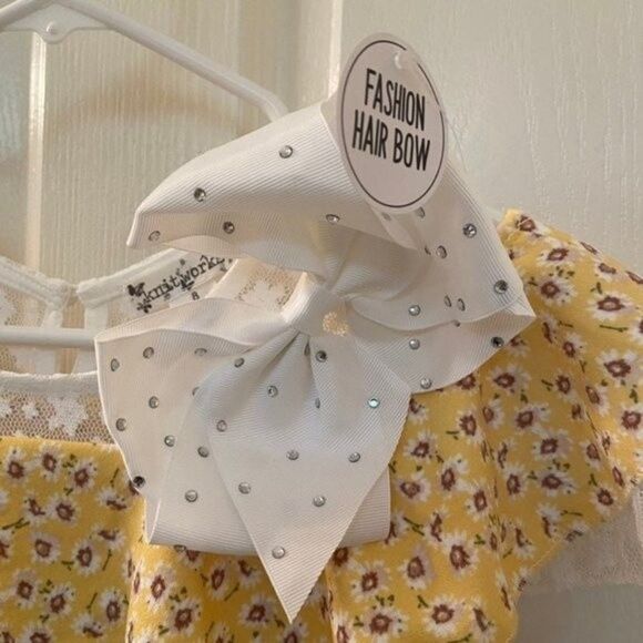Knitworks Yellow Floral Daisy Lace Skater Dress Belted Hair Bow Girls Size 8 NEW - Picture 7 of 10